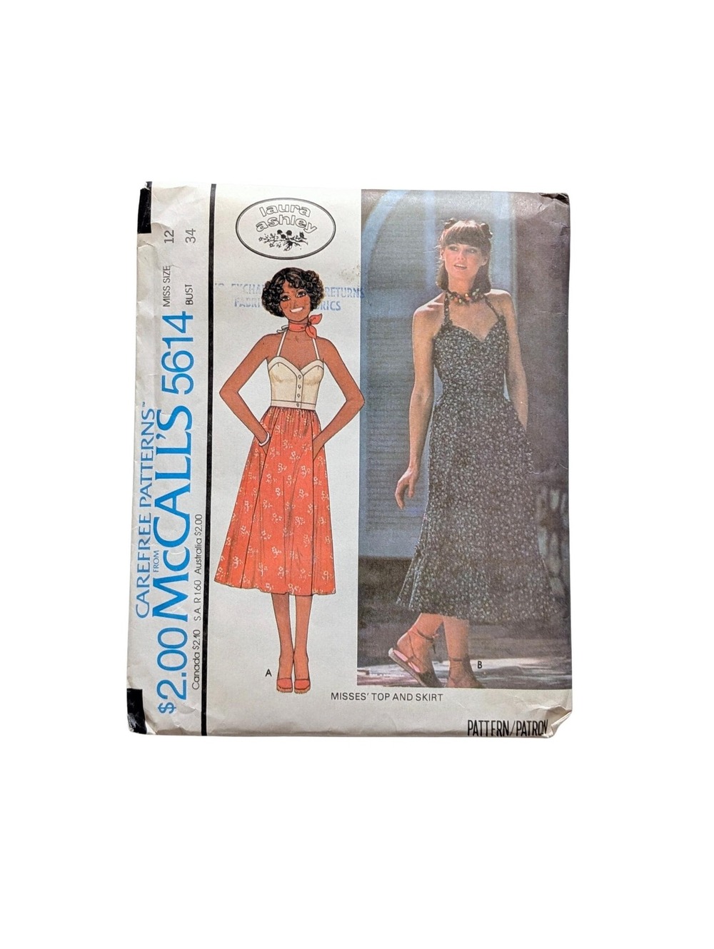 1977 Vintage McCall's Laura Ashley 5614 Sewing Pattern - Misses Top & Skirt